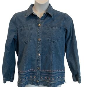 Denim & Co. Embroidered Blue Jean Jacket. Size Large